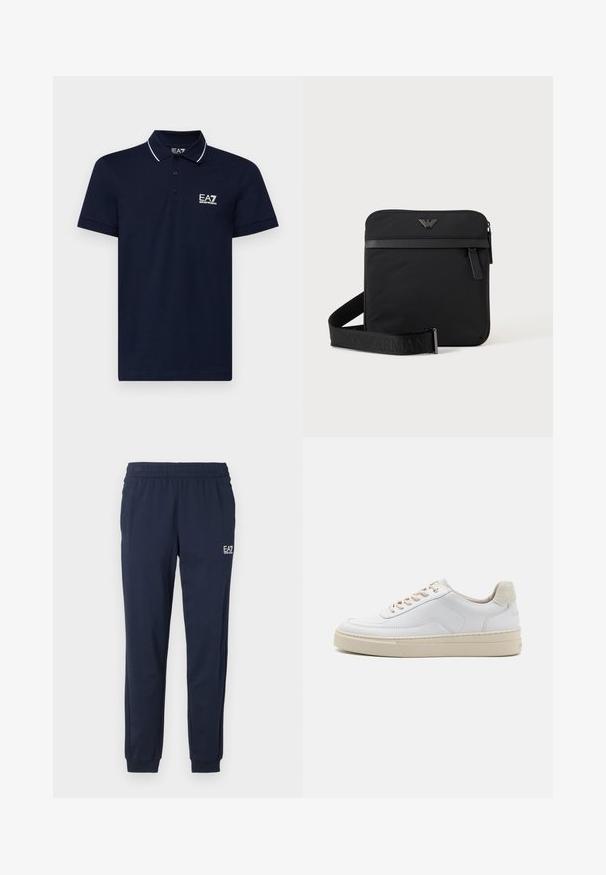 Polo shirt bleu marine en coton avec un col classique, une patte de boutonnage à trois boutons et des lignes d'accentuation blanches autour du col et des manches. Logo EA7 en blanc.; Pantalons de survêtement bleu marine avec une taille élastique et des poignets. Comprend un petit logo blanc sur la jambe gauche. Fabriqué à partir d'un matériau doux et extensible.; Sneaker blanche avec un dessus en cuir lisse, des lacets beige et un onglet de talon en daim beige texturé. Semelle surélevée pour une hauteur supplémentaire.; Sac bandoulière carré noir avec fermeture éclair, poche avant et sangle réglable avec nom de marque embossé.