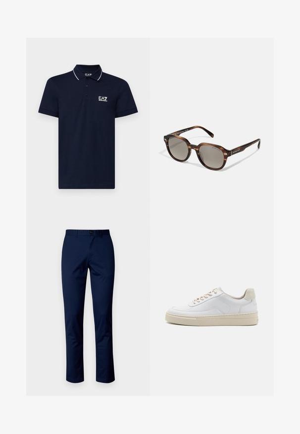 Navyblaue Poloshirt aus Baumwolle mit klassischem Kragen, einer Drei-Knopf-Leiste und weißen Akzenten entlang des Kragens und der Ärmel. EA7-Logo in Weiß.; Dunkelblaue Baumwollhose mit geradem Bein, ausgestattet mit einem Knopfverschluss vorne, Gürtelschlaufen und sauberen Nähten. Glatte Textur ohne Muster.; Weiße Sneaker mit einem glatten Lederobermaterial, beigen Schnürsenkeln und einer strukturierten, beigen Wildleder-Fersenschlaufe. Erhöhte Sohle für zusätzlichen Komfort.; Schildpatt-Sonnenbrille mit grauen Gläsern, runder Form, dickem Rahmen und Logo-Details an den Bügeln. Glatte Textur und robustes Design.