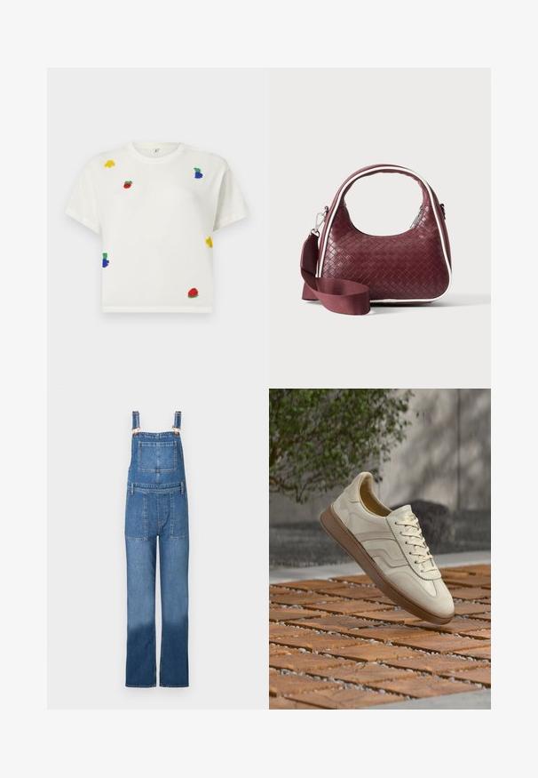 T-shirt blanc court à manches courtes avec de petites appliques de fruits colorés en perles, comprenant une banane, une pomme, des raisins et une pastèque, réparties sur le devant.; Salopette en denim avec bretelles ajustables, poches avant et arrière, et une coupe ample à jambes droites. Couleur : bleu moyen avec un effet délavé.; Baskets couleur crème avec une semelle extérieure en caoutchouc beige texturée, un design à lacets et un marquage subtil sur le côté. Tige en cuir lisse.; Sac à main en cuir tressé marron foncé avec poignée courbée, garniture blanche, fermeture éclair argentée et bandoulière large en tissu amovible sur fond uni.