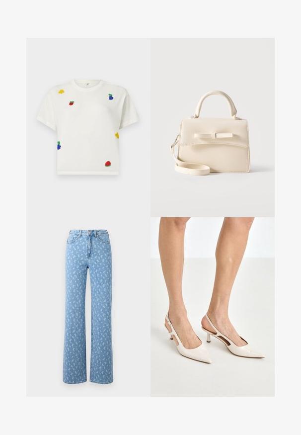 Camiseta blanca de manga corta, crop top, con pequeños parches de frutas coloridas hechas con cuentas, incluyendo plátano, manzana, uvas y sandía, repartidos por el frente.; Jeans de pierna ancha en denim de color azul claro, con un patrón floral en un tono más claro. Diseño de talle alto con construcción estándar de bolsillos.; Tacones slingback de charol beige con punta afilada y un tacón de 5 cm, con lados recortados y una delgada correa en el tobillo.; Pequeño bolso beige con asa superior, correa desmontable, solapa frontal y lazo decorativo horizontal sobre un fondo liso.
