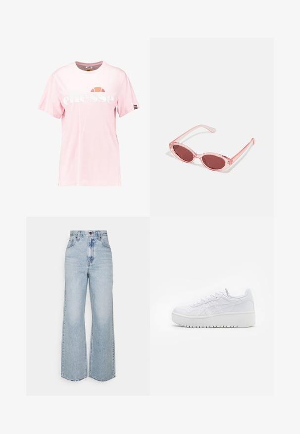 T-shirt en coton rose clair avec un grand logo "ellesse" blanc, col rond, manches courtes et un petit écusson logo sur la manche.; Jean large en denim bleu clair avec taille haute, design classique à cinq poches et couture contrastante. Détail de ourlet brut en bas.; Baskets plateformes blanches avec une texture en cuir lisse, des détails perforés et des lacets plats ; dotées d'une épaisse semelle en caoutchouc blanc.; Lunettes de soleil transparentes roses avec des verres ovales, teintés d'un rouge foncé, et des branches fines, présentant une finition lisse et des détails subtils sur la monture.