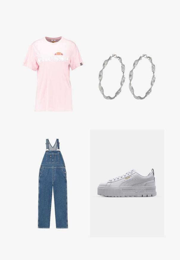Lichtroze katoenen T-shirt met een groot wit "ellesse" logo, ronde halslijn, korte mouwen en een klein logo-oppatch op de mouw.; Denim tuinbroek met verstelbare schouderbanden, V-vormige bies, voorzak en zijzakken. Heeft een klassieke blauwe kleur en contrasterende stiksels.; Witte platform sneakers met een leren bovenwerk, gevoerde kraag, grijze rubberen zool en gouden accenten met het Puma-logo.; Zilveren ringoorbellen met een gedraaide ontwerp, met een gestructureerd oppervlak en een veilige sluiting. Lichtgewicht en reflecterend met een vloeiende afwerking.