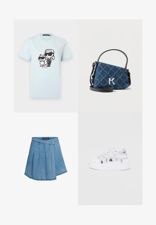 Lyseblå bomulds T-shirt med grafisk design af en person og en kat i solbriller. Teksten "KARL LAGERFELD" er trykt i rødt nedenfor.; Lyseblå denimnederdel med plisseret design, metalknaplukning og broderet detalje i kanten. Glat tekstur og A-formet silhouette.; Hvide sneaker med platform og tekstureret overflade, der har sølvfarvede accenter, dekorative charms og syninger langs siderne.; Lille blå denim håndtaske med quiltet diamantmønster, sort rem og håndtag, sølv metal "K" logo foran.