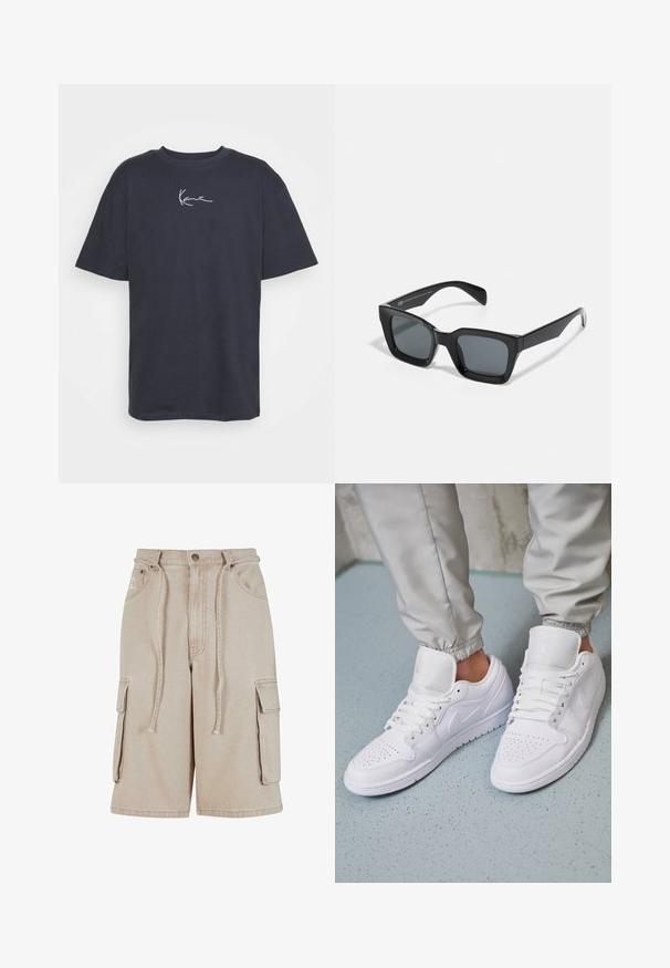 Camiseta de algodón de color azul oscuro con mangas cortas y cuello redondo, con un detalle de firma bordado en blanco en el pecho.; Pantalones cortos cargo beige de algodón con cintura con cordón, dos bolsillos laterales y un bolsillo lateral adicional, que presentan detalles de costura visibles.; Las zapatillas deportivas de cuero blanco cuentan con una caja de dedos perforada, cordones planos, un cuello acolchado y el logo de Jordan en la lengüeta. Las llevan puestas con pantalones joggers grises.; Gafas de sol rectangulares negras con lentes oscuros. Montura de plástico con un acabado brillante, que cuenta con un puente ancho y brazos ligeramente cónicos.