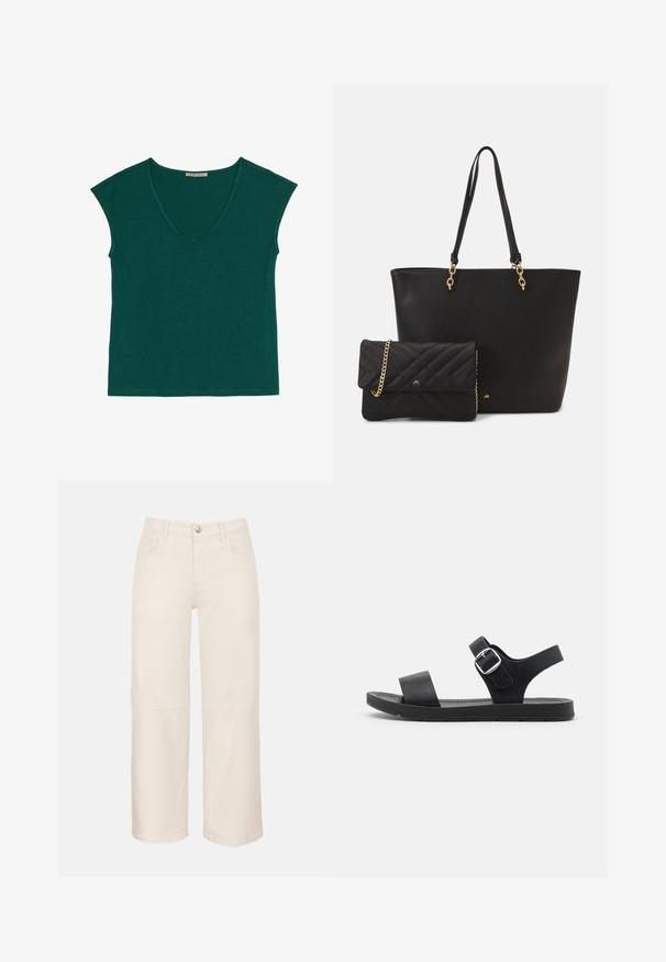 Groene T-shirt met korte mouwen en V-hals, gemaakt van zachte stof. Het shirt heeft een relaxed fit en een nette zoom zonder versieringen.; High-waisted cropped broek met wijde pijpen in offwhite, voorzakken, achterzakken, knoop en ritssluiting aan de voorkant en riemlussen.; Zwarte sandaal met een platte zool, een verstelbare gesp, twee brede banden en een zachte textuur, ontworpen voor comfort en gemakkelijke draagbaarheid.; Zwarte neplederen draagtas met twee stevige handvatten en gouden accenten, gecombineerd met een kleine gequilt zwarte clutch met een kettingband.