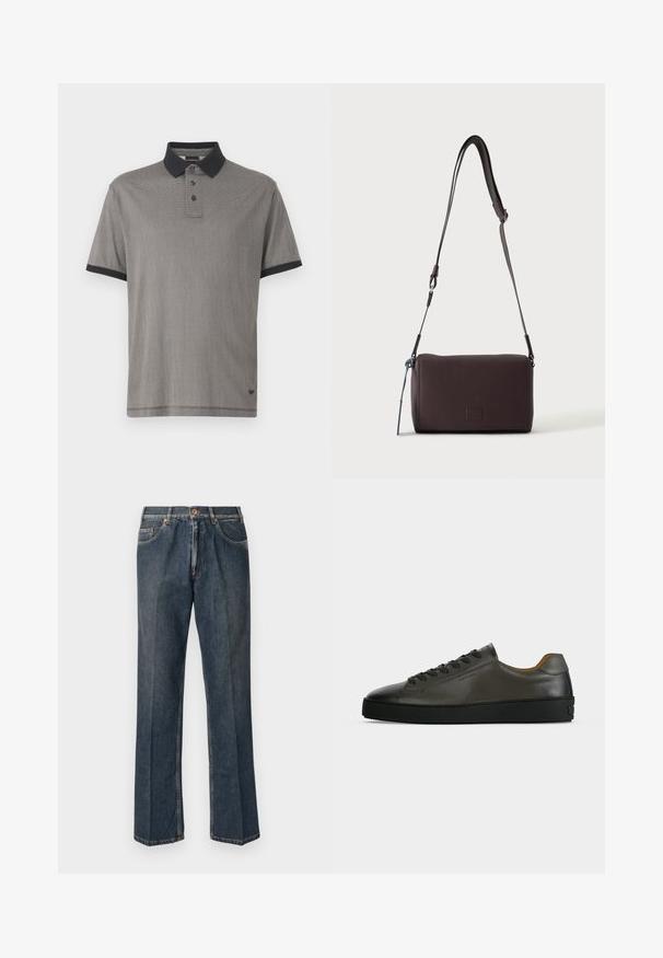 Kortærmet polo t-shirt i sort og grå ternet mønster, med en sort krave og placket med tre knapper. Blødt stof med en glat tekstur.; Mørkeblå lige ben denim jeans med frontknap, lynlås, dobbelte forlommer og synlige lodrette folder ned langs benene.; Lavtskåret mørkegrå læder sneaker med sorte snørebånd og sål, minimalistisk design, sideprofil på en ensfarvet lys baggrund.; Mørkebrun textured læder crossbody taske med justerbar rem og lille dekorativ blå accent på siden.