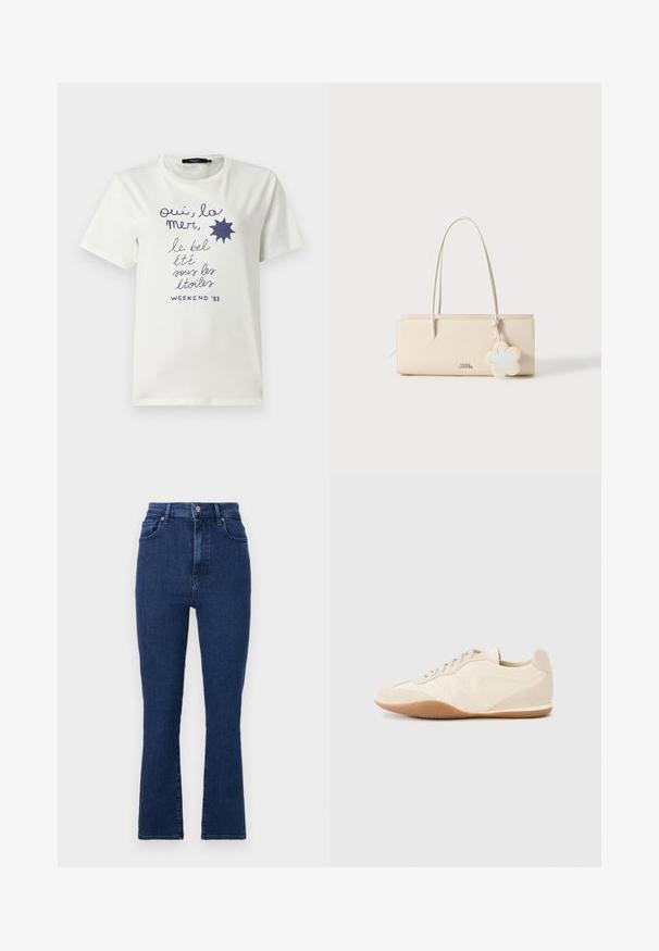Hvid T-shirt med korte ærmer med fransk tekst i marineblåt og solgrafik, der lyder "oui, la mer, le bel été sous les étoiles WEEKEND '83".; Mørkeblå højtaljede jeans i denimstof med lige ben, der har forlommer og metallukning.; Lyse beige sneakers med en tekstureret læderoverdel, teksturerede sider og en gummisål. Har et slankt, strømlinet design og flade snørebånd.; Beige lædertaske med to lange håndtag, rektangulær form, præget logo og en dekorativ lyseblå blomstercharms fastgjort.
