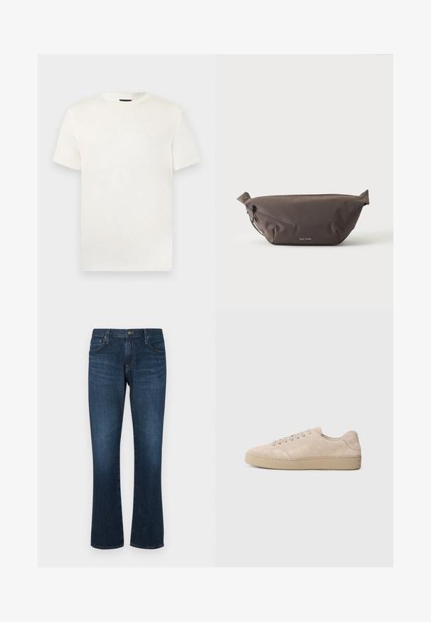 Hvid T-shirt med korte ærmer og rund halsudskæring med subtilt broderet logo på venstre bryst, vist på en enkel lys baggrund.; Mørkeblå denimjeans med lige ben-design, fem lommer og metalknap-lukning. Glat tekstur med subtil falming.; Beige ruskinds sneaker med en rund tå, flade snørebånd og en tekstureret gummisål. Minimalistisk design med glatte kanter og diskret syning.; Mørkebrun stof talje taske med diagonalt lynlåslomme og lille hvidt logo på fronten, sat mod en ensfarvet lys baggrund.