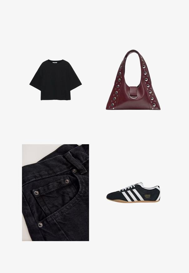 Haut noir à manches courtes en mélange de coton. Coupe carrée avec manches larges et encolure ronde. Couleur unie, sans motifs ni accents visibles.; Pantalon en denim noir avec une taille haute, doté d'une petite poche avant, d'accents en métal et d'une surface en tissu texturé.; Sneakers en suede noir avec trois bandes blanches, logo doré et semelle en caoutchouc marron. Présente un design à lacets à profil bas.; Sac à main en cuir bordeaux de forme triangulaire, avec une seule bandoulière, des clous circulaires argentés le long des bords et un détail central en anneau argenté.