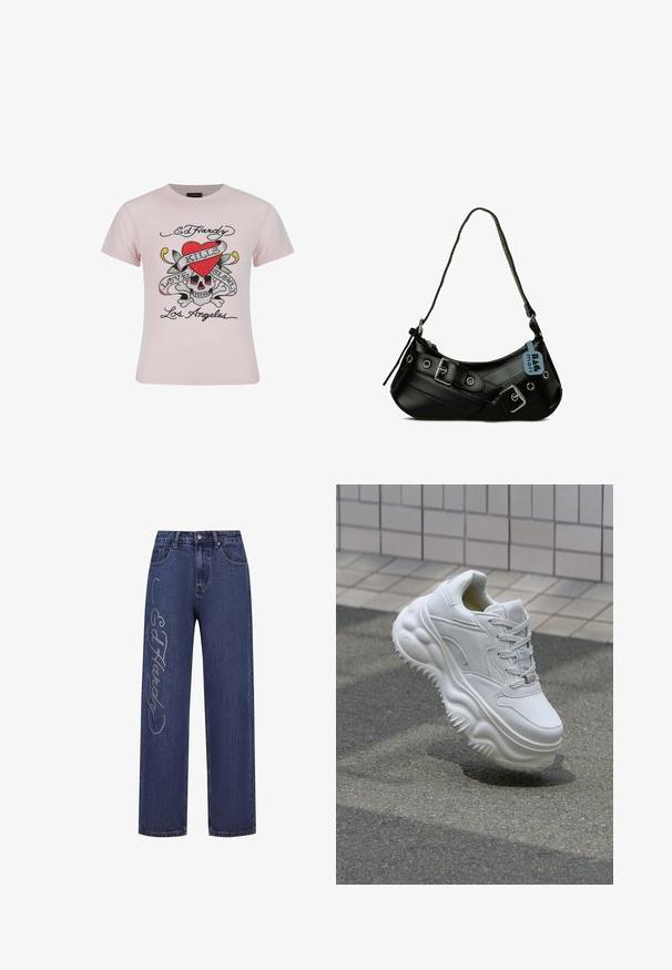 Vaaleanpunainen puuvillapaita, jossa on pääkallo sydämellä ja kukkakuosisella designilla, koristeltuna värikkäillä rhinestoneilla ja "Ed Hardy" -tekstillä.; Tummansiniset farkut, joissa on löysä malli ja koristeellisia hopeisia strasseja, jotka muodostavat tekstin "Ed Hardy" vasemmassa lahkeessa.; Valkoinen nahkakengät, joissa on paksu pohja, teksturoitu yksityiskohta ja nauhakiinnitys. Varustettu muotoilluilla yksityiskohdilla ja sileällä pinnalla.; Musta synteettinen käsilaukku, jossa on kaareva muoto, säädettävä hihna ja koristeelliset metallisoljet. Huokuu tasaista kiiltävää tekstuuria.