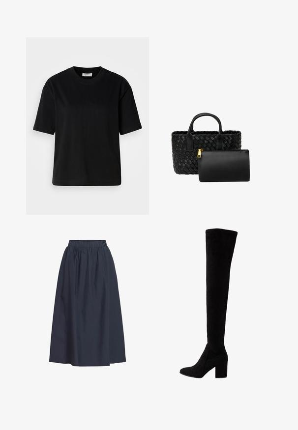 T-shirt en coton noir à manches courtes, à encolure ronde et à coupe décontractée. Texture lisse et design minimal sans motifs ni accents visibles.; Jupe midi bleu marine foncé avec taille élastique et tissu ample légèrement froncé pour une coupe décontractée.; Bottes noires au-dessus du genou en daim doux, avec un talon haut épais et un design épuré et ajusté avec un bout rond.; Sac fourre-tout en cuir tissé noir avec deux poignées et une petite pochette noire attachée avec une fermeture éclair dorée. Texture lisse et design structuré.