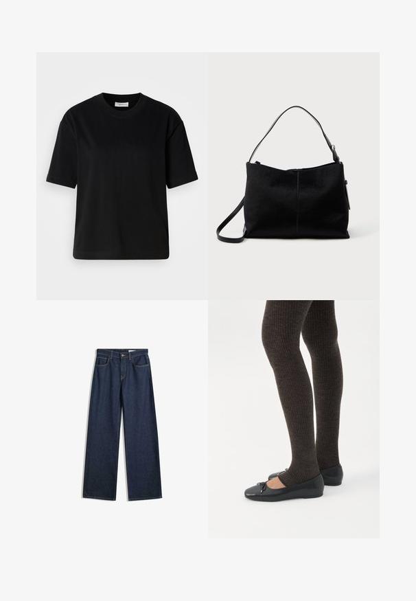 Sort bomulds T-shirt med korte ærmer, rund halsudskæring og en afslappet pasform. Glat tekstur og minimal design uden synlige mønstre eller accenter.; Bredde ben mørke denimjeans med fem lommer, synlig syning og knaplukning. Har en lige pasform og let slid.; Ben iført mørke ribbede leggings kombineret med sorte balletsko med små sløjfedetaljer på hvid baggrund.; Sort skuldertaske med en glat, tekstureret overflade, prydet med en enkelt rem og en lynlåslukning øverst. Kompakt rektangulær form.