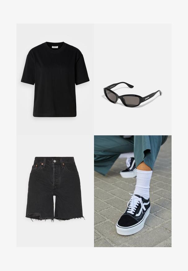 Sort bomulds T-shirt med korte ærmer, rund halsudskæring og en afslappet pasform. Glat tekstur og minimal design uden synlige mønstre eller accenter.; Sorte denim shorts med høj talje, der har en rå kant og slidte detaljer. Indeholder fem lommer og en metalknap lukning.; Sorte ruskinds sneakers med hvide accenter og snørebånd, der har en tyk hvid sål og kontrasterende syninger, parret med en hvid sok.; Sorte solbriller med rektangulært stel, mørke linser, glat plastmateriale og en metalaccent på templet.