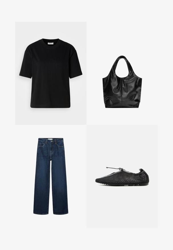 Schwarzes Baumwoll-T-Shirt mit kurzen Ärmeln, Rundhalsausschnitt und lockerer Passform. Glatte Textur und minimalistisches Design ohne sichtbare Muster oder Akzente.; Weite dunkelblaue Denim-Jeans mit hoher Taille, ausgestattet mit fünf Taschen und einer klassischen Knopfschließe. Glatte Textur und gerader Schnitt.; Schwarzer Mesh-Slipper mit dünner Sohle und verstellbarer Schnürung, oben gebunden, im Profil vor weißem Hintergrund gezeigt.; Schwarze Leder-Tote mit glatter Textur, weichem, abgerundetem Oberteil und breiten Tragegriffen. Merkmale minimale Nähte und eine lässige Silhouette.
