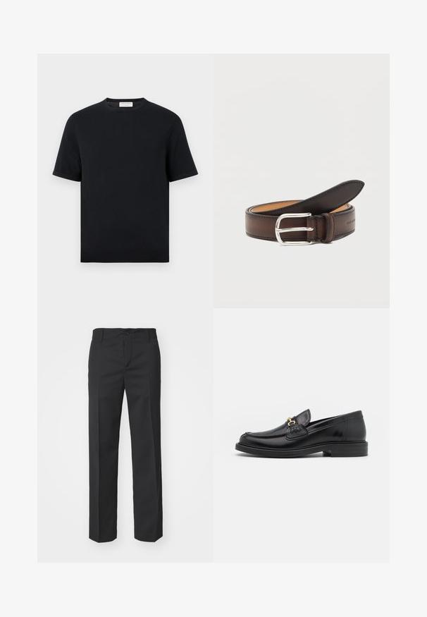 Sort kortærmet t-shirt med rund hals og ribbet kant forneden og på ærmerne, ensfarvet design, vist mod en hvid baggrund.; Filippa K TROY TROUSERS - Bukser - black; Sorte læder loafers med en rund tå, der har guld hardware accent og syningsdetaljer, placeret på en lav, tekstureret gummisål.; Mørkebrun læderbælte rullet sammen med sølv rektangulært spænde på hvid baggrund.