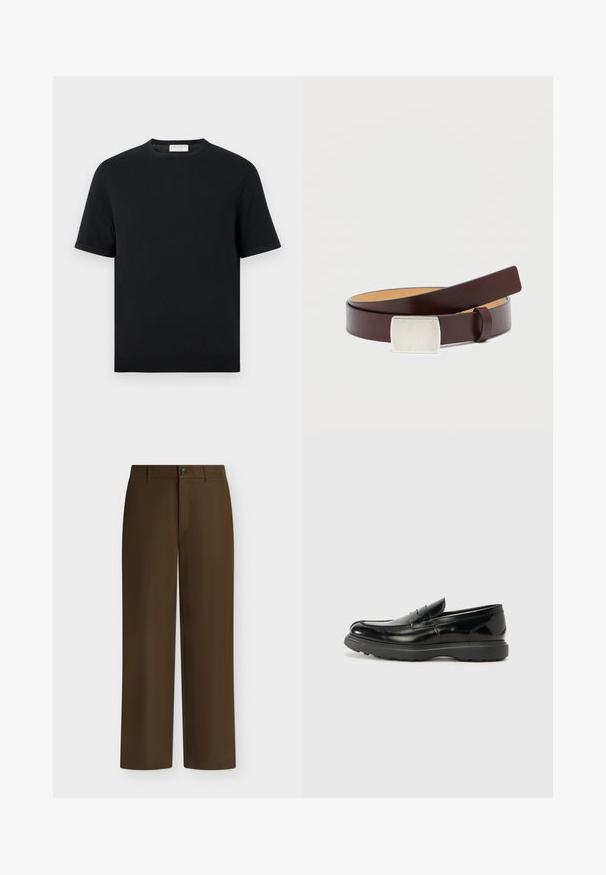 T-shirt noir à manches courtes avec col rond, ourlet et poignets côtelés, design uni, présenté sur un fond blanc.; Pantalon marron droit avec passants de ceinture, fermeture avant par bouton et zip, présenté sur un fond clair uni.; Mocassin en cuir noir avec une finition brillante, bout arrondi, détails de couture subtils et semelle en caoutchouc épaisse pour la durabilité.; Ceinture en cuir marron avec une boucle rectangulaire en argent, texture lisse et doublure intérieure plus claire contrastante. Design simple et classique.