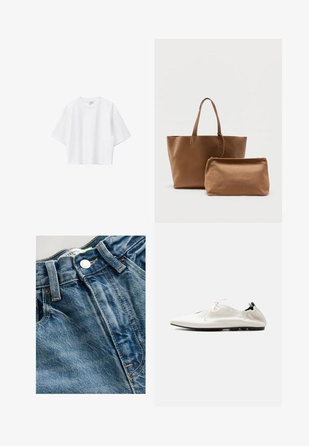 Witte cropped T-shirt van zacht katoen met een ronde hals, korte mouwen en een comfortabele pasvorm. Eenvoudig en veelzijdig ontwerp.; Denim jeans hebben een lichtblauwe kleur met whiskering details. De tailleband heeft een metalen knoop en zichtbare stiksels langs de naden.; Witte minimalistische leren instapschoen met ingestoken hiel, vetersluiting en dunne zwarte zool op een effen achtergrond.; Bruine gestructureerde draagtas met twee handvatten en bijpassend ritstasje, beide gebrandmerkt met "Stylein", afgebeeld op een effen witte achtergrond.