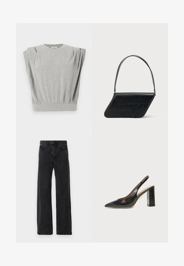 Sweat-shirt gris avec manches courtes bouffantes, encolure ronde et ourlet froncé à la taille. Matière douce en mélange de coton.; Jean en denim noir à coupe large, avec un style classique à cinq poches, fermeture à bouton et légère décoloration.; Chaussure slingback en cuir noir à bout pointu avec un talon bloc haut et une doublure intérieure beige sur un fond clair uni.; Sac d'épaule en cuir noir de forme triangulaire, avec un logo embossé et une seule bandoulière réglable. Design minimaliste avec une texture lisse.