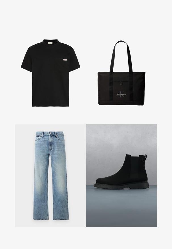 Zwart T-shirt met korte mouwen en een borstzak aan de linkerkant met een klein Calvin Klein-logo.; Lichtblauwe denim jeans met rechte pijpen, een hoge taille, vijf zakken, knoopsluiting en subtiele vervaging op de dijen en knieën.; Zwarte enkelboot van soepel materiaal met subtiele stiksels, een rubberen zool en een slank ontwerp, gepositioneerd boven een houten textuur.; Zwarte Calvin Klein totebag met twee lange handvatten en een voorvak, met het logo van het merk in wit en grijs.