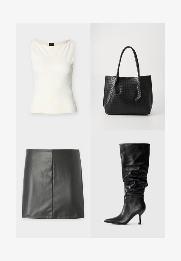 Haut blanc ajusté sans manches avec un motif floral texturé subtil et un col bateau.; Mini-jupe en similicuir noir avec une texture lisse et une couture verticale centrale sur un fond clair uni.; Botte noire en cuir, hauteur genou, avec un design ample, bout pointu et talon aiguille fin, présentant une texture lisse et des accents minimaux.; Sac de tote en cuir tressé noir avec deux poignées, forme structurée et finition légèrement brillante sur un fond clair.