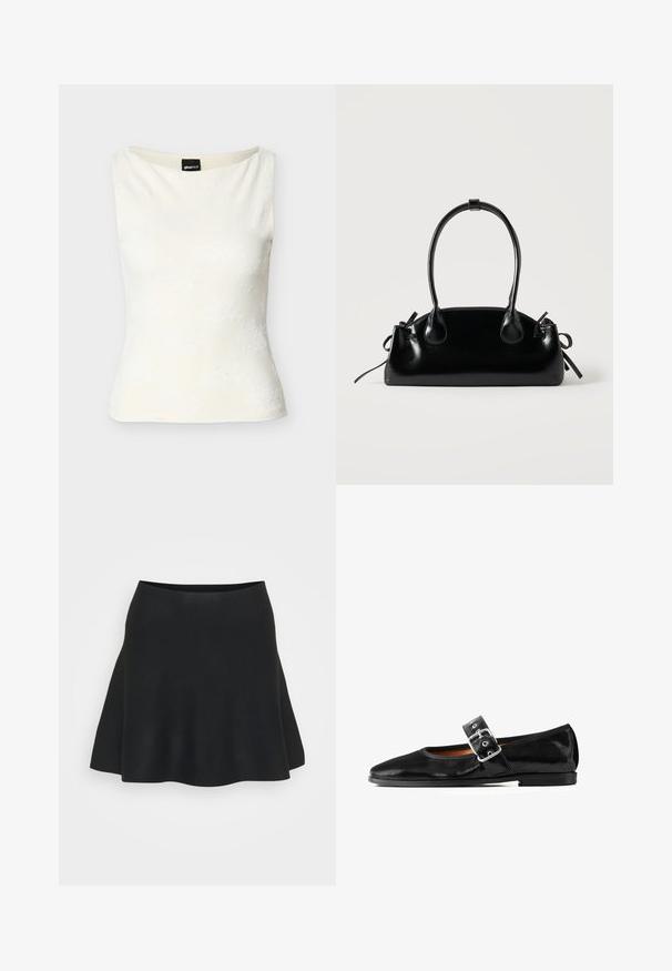 Haut blanc ajusté sans manches avec un motif floral texturé subtil et un col bateau.; Jupe noire évasée en tissu doux, avec une texture lisse et une taille élastique pour le confort. L'ourlet se termine par une courbe douce.; Ballerine Mary Jane en cuir verni noir, bout arrondi, bride avec boucle réglable, surface texturée, semelle fine à faible relief.; Petit sac à main noir brillant avec deux longues anses et des détails à cordon sur les côtés sur un fond clair uni.