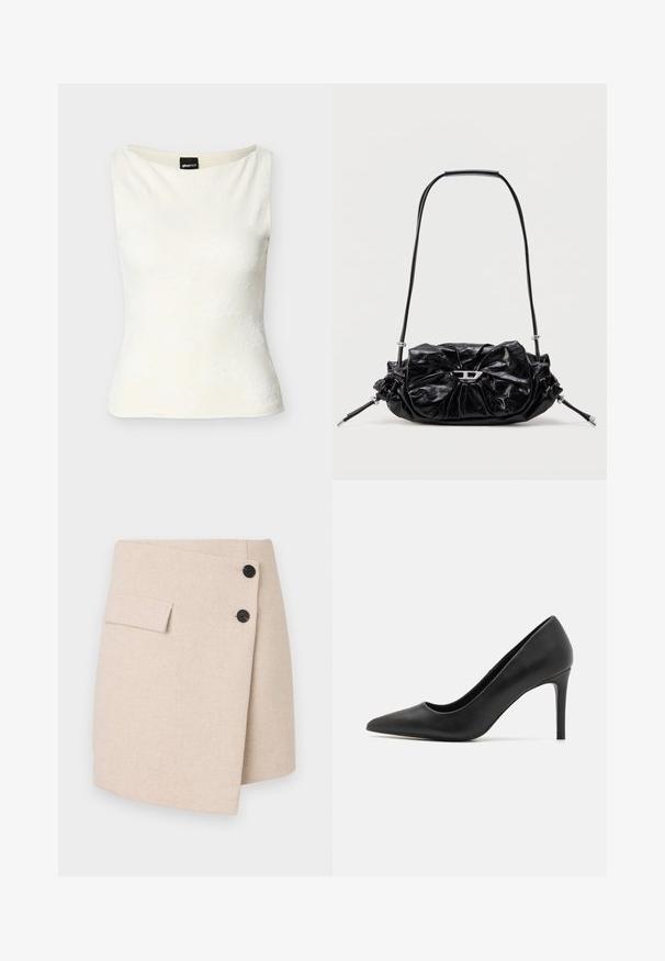 Hvid ærmeløs tætsiddende top med subtilt blomsterteksturmønster og bådudskæring.; Beige indpakningsskørt i et tekstureret stof, med en sidelomme, to sorte knapper og en let buet kant.; Sorte stiletto-sko med spids tå, lavet af glat læder, med et strømlinet design og en tynd, cylindrisk hæl.; Sort læderhåndtaske med et opsamlet design og sløjfedetalje foran. Har en kort hank og sølvfarvede hardware-accenter.