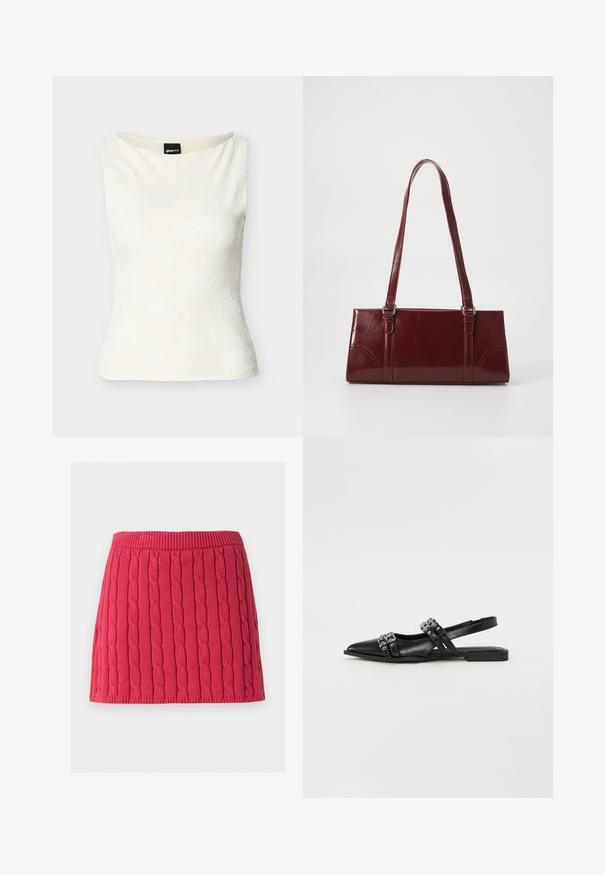Wit nauwsluitend mouwloos topje met een subtiel bloemachtig structuurpatroon en een boothals.; Rode gebreide minirok met verticaal kabelpatroon en geribbelde tailleband en zoom tegen een witte achtergrond.; Even&Odd by Zalando Slingback ballerina´s - black; Bourgondische handtas van glanzend materiaal, rechthoekige vorm, met twee schouderbanden en subtiele gebogen accenten aan de voorkant.