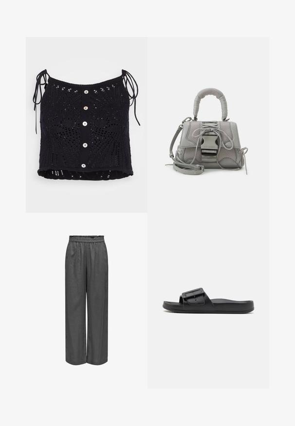 Top corto negro de punto con un patrón texturizado y abierto, tirantes ajustables con lazo y cinco botones en la parte delantera de un color contrastante.; Pantalones grises de pierna amplia, hechos de una tela suave con cintura elástica. Presenta un ajuste suelto y una textura lisa.; Chancla negra con una correa ancha, hebilla ajustable, suela plana y textura mate suave. Diseño simple sin patrones adicionales.; Bolso de mano texturizado en gris que presenta un asa acolchada, acentos de malla, correa ajustable y un cierre frontal. Diseño compacto con forma redondeada.