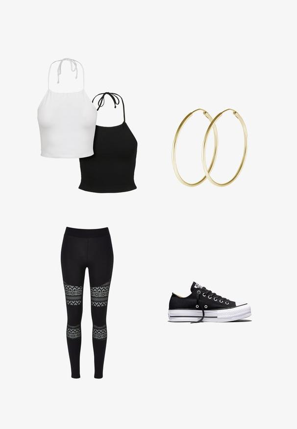 Deux tops à encolure halter : un blanc et un noir, en tissu lisse, avec des liens réglables au cou, au design crop ajusté.; Leggings noirs avec une texture lisse, présentant des découpes à motifs au niveau des cuisses, avec un design floral dans des teintes de bleu clair.; Baskets basses en toile noire avec semelle plateforme en caoutchouc blanche, lacets noirs et œillets métalliques sur fond blanc.; Boucles d'oreilles en or en forme de cerceau, présentant un design lisse et rond avec une finition brillante. Construction légère avec un fermoir sécurisé.
