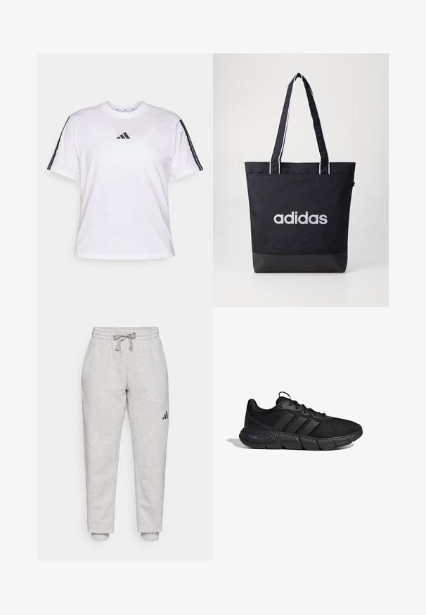 Camiseta de algodón blanca con cuello redondo, mangas cortas y acentos de tres rayas negras en los hombros, con un logo de Adidas en el pecho.; Pantalones de chándal gris claro con cintura elástica y cordón. Tobillos ajustados. Detalle de logo negro en la pierna izquierda. Material de algodón suave.; Zapatilla deportiva negra con parte superior de malla, tres rayas laterales, diseño con cordones y suela gruesa texturizada etiquetada "Cloudfoam Flex" sobre fondo blanco.; Bolsa de tote negra con el logo "adidas" en gris, hecha de un tejido duradero, con dos correas para el hombro y un panel inferior negro en contraste.