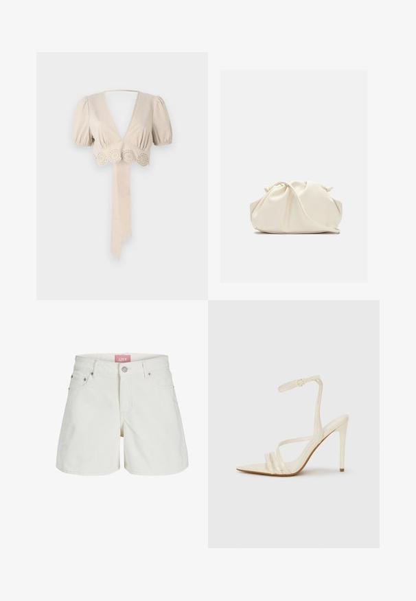 Beige cropped top med puffede ærmer, dyb V-hals og dekorativ øje-læd trim i kanten. Har en bundet stofbånd. Glat tekstur.; Hvide denim shorts med mellemhøj talje, fem lommer og et pink logo mærke på taljebåndet. Har en klassisk knap- og lynlåslukning.; Beige sandaler med høje hæle og spids tå, med tre stropper foran og en tynd ankelrem med spænde. Glat tekstur, minimalistisk design.; Blød, cremefarvet læder clutch taske med samlet, rynket design og en tynd skulderrem, der hviler foran på en ensfarvet baggrund.