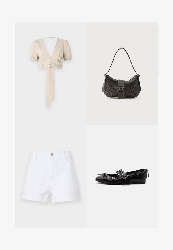 Beige kurzes Oberteil mit Puffärmeln, tiefem V-Ausschnitt und dekorativer Lochmuster-Borte am Saum. Verfügt über ein gebundenes Stoffband. Glatte Textur.; Weiße Jeansshorts mit hoher Taille, zwei Fronttaschen und silberner Knopfverschluss. Gerader Beinschnitt mit umgeschlagenen Säumen.; Schwarzer flacher Ballettschuh mit doppelten Schnallenriemen, silbernen Ösen und einer kleinen Schleife nahe der abgerundeten Spitze auf weißem Hintergrund.; Schwarze Leder-Schultertasche mit Schnallengurt-Detail, abgerundeten Kanten und kontrastierenden weißen Nähten auf schlichtem Hintergrund.