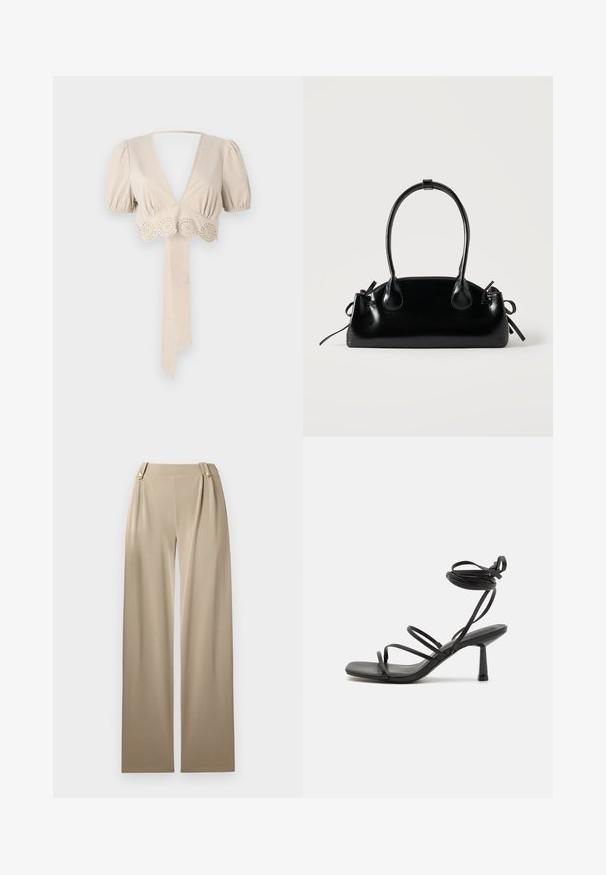 Beige cropped top med puffede ærmer, dyb V-hals og dekorativ øje-læd trim i kanten. Har en bundet stofbånd. Glat tekstur.; Beige brede bukser med en glat overflade, der har to dekorative knapper i taljen og subtile plisseringer for ekstra detaljer.; Sort strappy sandal med firkantet tå, justerbare ankelbind og en slank, blokhæl. Fremstillet af et glat, holdbart materiale.; Lille sort blank håndtaske med to lange håndtag og snøre-detaljer i siden på en ensfarvet lys baggrund.