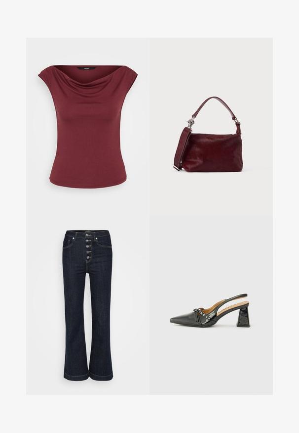 Mouwloze bordeauxrode top met een gedrapeerde halslijn en een aangesloten taille, weergegeven tegen een effen witte achtergrond.; Donkerblauwe hoge taille flare jeans met vijf zilveren knopen aan de voorkant en contrasterende stiksels rond de zakken en naden.; Zwarte lakleren slingback schoen met een puntige neus, driehoekige hak en decoratieve band met zilveren accenten. Soepele textuur.; Kleine rechthoekige bordeauxrode handtas met gestructureerde afwerking, korte handgreep en afneembare schouderriem op een effen lichte achtergrond.