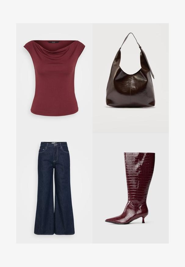 Top bordeaux sans manches avec un décolleté drapé et une taille ajustée, présenté sur fond blanc uni.; Pantalon large en denim foncé avec une taille haute, doté de poches avant, de surpiqûres contrastantes et d'un ourlet propre.; Bottes hauteur genou en cuir verni bordeaux à texture crocodile, bout pointu et talon bloc bas, présentant un design élégant et ajusté.; Sac à bandoulière en cuir marron foncé brillant avec une seule large sangle et un détail de boucle sur un côté, posé sur un fond clair uni.