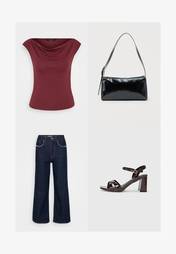 Ærmeløs burgundy top med draperet halsudskæring og tætsiddende talje, vist mod en ensfarvet hvid baggrund.; Mørkeblå brede ben jeans lavet af denim, med høj talje, to forlommer med dekorativ syning, og en enkelt knaplukning.; Patent bordeaux højhælede sandaler med åben tå, udstyret med krydsseler og en ankelrem med en rund guldbuckle. Design med blockhæle.; Sort rektangulær skuldertaske med en enkelt justerbar rem og lynlås i toppen på en ensfarvet baggrund.