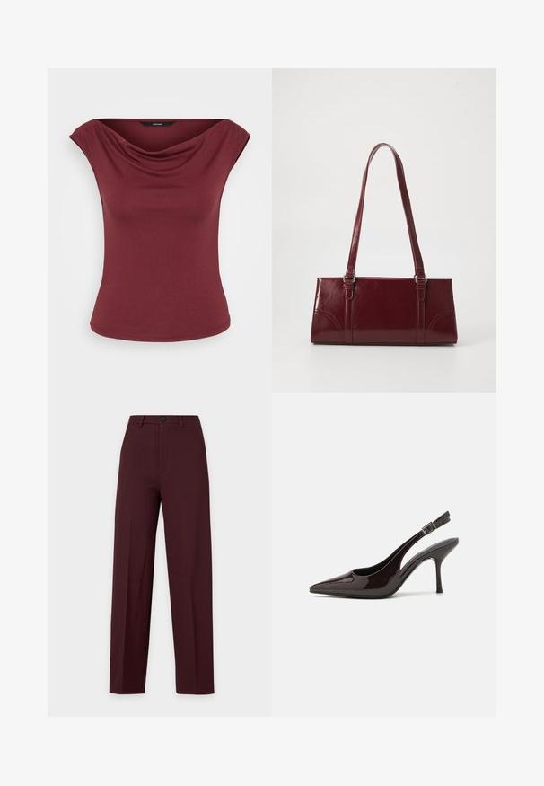 Mouwloze bordeauxrode top met een gedrapeerde halslijn en een aangesloten taille, weergegeven tegen een effen witte achtergrond.; Donker bordeaux straight-fit broek met knoop- en ritssluiting, riemlussen en geperste vouwen, getoond tegen een effen achtergrond.; Slingback hoge hak schoen in glanzend donkerbruin patentleer, puntige neus, open zijkanten en verstelbare enkelband.; Bourgondische handtas van glanzend materiaal, rechthoekige vorm, met twee schouderbanden en subtiele gebogen accenten aan de voorkant.