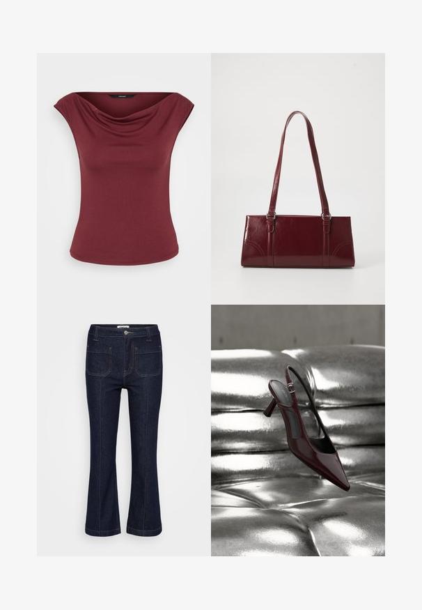 Mouwloze bordeauxrode top met een gedrapeerde halslijn en een aangesloten taille, weergegeven tegen een effen witte achtergrond.; Donkerblauwe denim jeans met voorzakken, contrasterende stiksels, riemlussen, knoopsluiting en licht uitlopende pijpen.; Glanzende donkerrode slingback pumps met hoge hak en puntige neus, gepresenteerd op een glanzend zilveren, getuft leren oppervlak.; Bourgondische handtas van glanzend materiaal, rechthoekige vorm, met twee schouderbanden en subtiele gebogen accenten aan de voorkant.