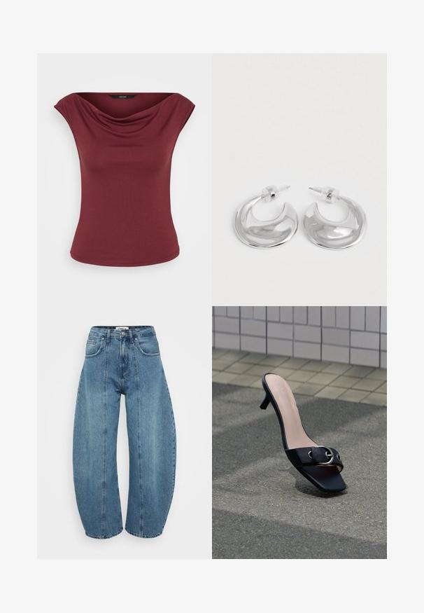 Ærmeløs burgundy top med draperet halsudskæring og tætsiddende talje, vist mod en ensfarvet hvid baggrund.; Lyseblå højaldene jeans lavet af denim, med bred benklip, fem lommer og syningsdetaljer. Glat tekstur med et rent finish.; Sort højhælet mule-sandal med firkantet tå, sølvspænde på rem, placeret på asfalt nær flisebelagt væg.; Et par polerede sølv halvmåneformede hoop øreringe med klare plastikbagsider på en hvid overflade.
