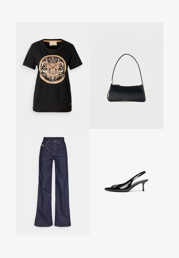Schwarzes Baumwoll-T-Shirt mit einem Schmetterlingsgrafikdesign in Gold, Pink und Weiß in einem kreisförmigen Muster. Kurze Ärmel und runder Ausschnitt.; Dunkelblaue weite Jeans aus Denimstoff mit hoher Taille, ausgestattet mit orangefarbenen Nähten, fünf Taschen und einem Knopfverschluss.; Schwarze patentierte Slingback-Absätze mit spitzem Zehenbereich und glänzender Oberfläche. Besitzt einen schlanken Absatz und eine abgerundete Akzentuierung am Schuhoberteil.; Schwarze rechteckige Handtasche mit dünnem Riemen und Reißverschluss, vor einem schlichten weißen Hintergrund.