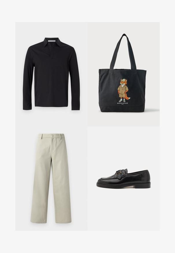 Tiger of Sweden TRUANE - Pikkade varrukatega topp - black; Han Kjøbenhavn WIDE LEG - Püksid - light grey; Mustad mustad nahast kingad, millel on ümmargune varvas ja dekoratiivne pandla aktsent. Lame, ühtlane konts ja sile pind üle kogu kinga.; Mustast kandekotist, millel on kaks käepidet, kujutatud rebane kübaras ja lühikestes pükstes ning allpool tekst "Maison Kitsuné Paris".