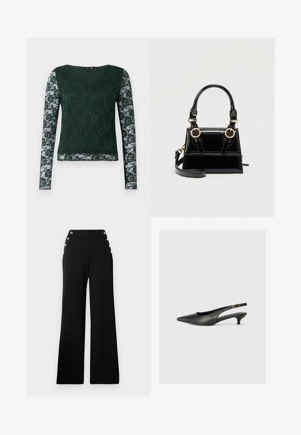 Top verde de manga larga hecho de encaje con un patrón floral; presenta un escote en V y una parte del torso de tela sólida, con mangas de encaje transparente.; Pantalones de pierna ancha de talle alto en negro con botones dorados en la parte delantera y bolsillos en ambas caderas sobre un fondo blanco.; Zapato de tacón slingback negro de punta afilada, hecho de cuero suave. Presenta un tacón delgado y un detalle de hebilla en la correa ajustable.; Bolso de mano de charol negro con herrajes dorados, doble asa superior y correa de hombro ajustable. Diseño estructurado con costuras decorativas.