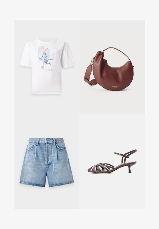Wit t-shirt met afbeelding van een rennend konijn in een blauwe hoodie, met een patroon op de legging en groene sneakers, met stadsachtergrond.; Lichtblauwe denim korte broek met een hoge taille, voorzien van een knoop- en ritssluiting, voorzakken en een ruwe zoom.; Donkerbruine leren sandaal met bandjes en kitten heel, verstelbare gesp rond de enkel, op witte achtergrond.; Bruine leren handtas in halve maanvorm met gouden ritssluiting en verstelbare schouderriem op een witte achtergrond.