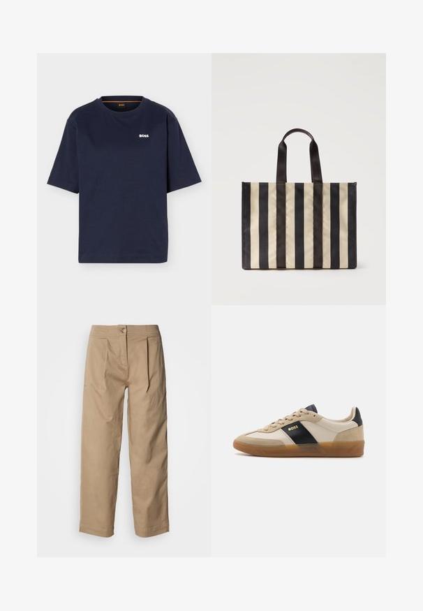 T-shirt bleu marine à manches courtes avec col rond et petit logo blanc "BOSS" sur la poitrine gauche.; Pantalon beige taille haute avec jambes droites, détails plissés et fermeture à bouton. Fabriqué en tissu de coton léger avec une texture lisse.; BOSS BRENTA - Baskets basses - medium beige; Sac fourre-tout rayé vertical noir et beige avec deux poignées noires, forme rectangulaire, debout sur fond blanc.