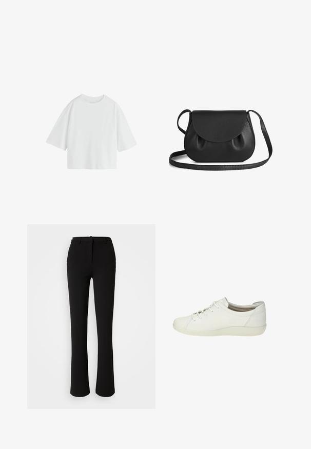 Camiseta blanca lisa de manga corta oversize con cuello redondo y ajuste holgado.; Pantalones negros confeccionados en una tela suave, con un diseño de pierna recta, bolsillos frontales y una cintura estándar con un pasador para cinturón.; Zapatilla blanca hecha de cuero suave, con puntera redonda, cordones en la parte delantera y una suela de goma de perfil bajo con un detailing mínimo.; Bolsa de cuero negro tipo bandolera con forma redondeada, que cuenta con un cierre con solapa y suaves detalles fruncidos. Correa ajustable para mayor comodidad.