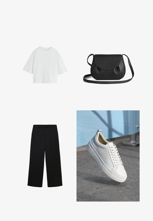 Effen witte oversized T-shirt met korte mouwen, een ronde hals en een losse pasvorm.; Zwarte wide-leg broek van lichtgewicht stof, met een knoopsluiting, voorkeurszakken en een nette, op maat gemaakte afwerking.; Witte leren sneaker met platte veters, ronde neus, rubberen loopzool en een klein trekbandje bij de hiel. Gladde textuur met minimale ontwerpdetaillering.; Zwarte leren schoudertas met een ronde vorm, voorzien van een klepopening en zachte, geplooide accenten. Verstelbare schouderband voor gemak.