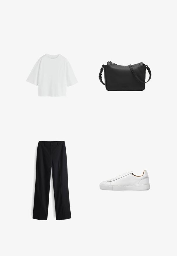 Effen witte oversized T-shirt met korte mouwen, een ronde hals en een losse pasvorm.; Zwarte wijde broek met een gladde stof, een platte voorkant, riemlussen en zijzakken, ontworpen voor een relaxte pasvorm.; Witte lage leren sneaker met strak design, ronde neus en platte rubberen zool, zijaanzicht.; Zwarte leren crossbodytas met ritssluiting, verstelbare riem, gladde textuur en een geperst merklogo aan de voorkant.