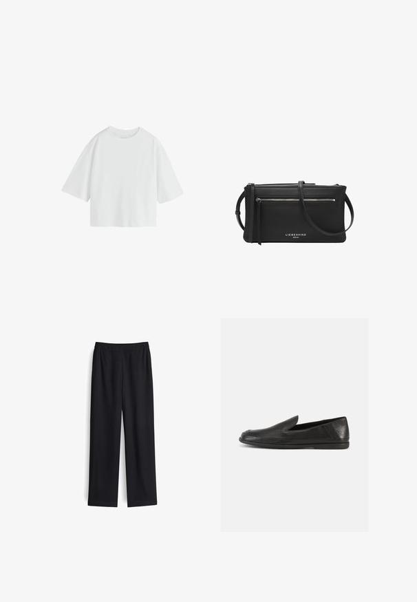 Schlichtes weißes oversized T-Shirt mit kurzen Ärmeln, rundem Ausschnitt und lockerem Schnitt.; Schwarze weite Hose aus glattem Stoff mit elastischem Bund und ohne sichtbare Taschen. Gerade Form mit sauberem Finish.; Schwarze Leder-Halbschuhe mit glatter Oberfläche, rundem Zehenbereich und einem minimalistischen Design. Verfügen über eine niedrige, flexible Gummisohle.; Schwarze Leder-Umhängetasche mit silbernem Reißverschlusstasche, langem verstellbarem Riemen und "Liebeskind Berlin"-Logo auf der Vorderseite.