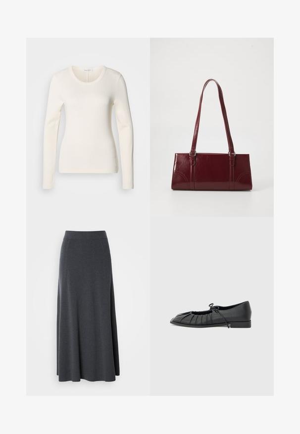 Langarm, crèmekleurig shirt van zacht materiaal. Heeft een ronde halslijn en een aansluitende silhouet, met minimale stikdetails.; Donkergrijze maxi-rok gemaakt van zachte, rekbare stof. Beschikt over een hoge tailleband en een vloeiende uitstraling, met subtiele zijnaad voor vorm.; Zwarte platte schoen met geplooid voorkantontwerp en een gestrikte strik bovenop, lage hak en gladde textuur op een lichtgrijze achtergrond.; Bourgondische handtas van glanzend materiaal, rechthoekige vorm, met twee schouderbanden en subtiele gebogen accenten aan de voorkant.