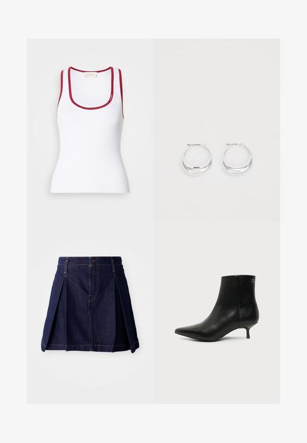 Hvid tætsiddende tanktop lavet af ribbet materiale, med en rund udskæring og røde detaljer langs kanterne. Calvin Klein-logo er inkluderet.; Mørk denimnederdel med plisseringer, knaplukning og kontrastsyninger. Enkel design med en flagrende form og midtlængde.; Sort læder ankelstøvle med spids tå og lav kitten hæl på lys baggrund, der viser yderside.; Sølv hoops øreringe med en poleret overflade og DKNY branding, præsenteret mod en simpel hvid baggrund.